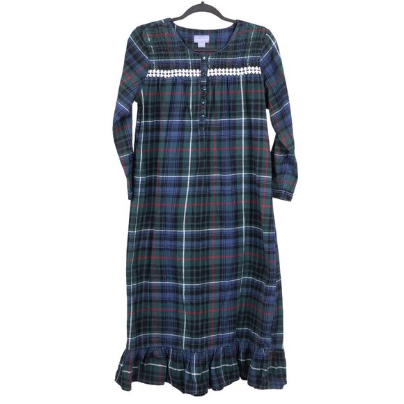 Laura Scott Plaid Nightgown M Womens Green Blue Ruffle Flannel Cotton Buttons - Picture 1 of 7
